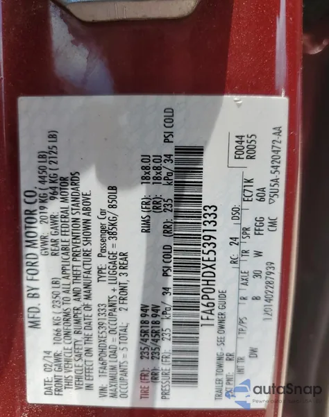 2014 Ford Fusion Se from USA, damaged, VIN 1FA6P0HDXE5391333